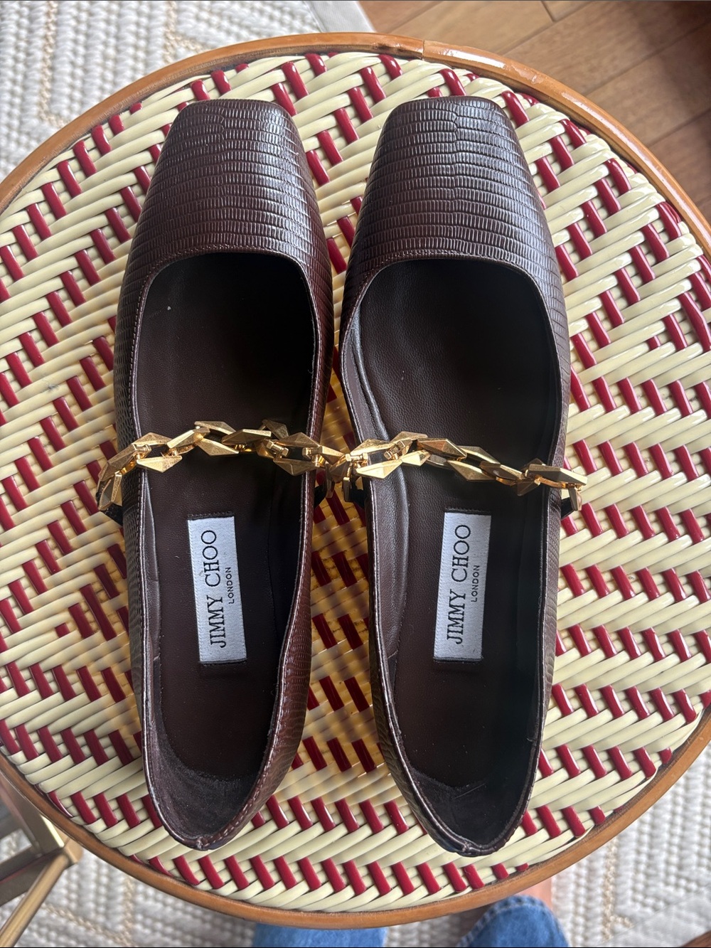 Jimmy Choo Dark Brown Textured Leather Flats with Gold Chain
